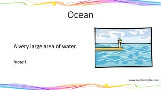 Ocean
A very large area of water.
(noun)
 