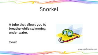 Snorkel
A tube that allows you to
breathe while swimming
under water.
(noun)
 