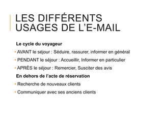 LES DIFFÉRENTS
USAGES DE L’E-MAIL
Le cycle du voyageur
• AVANT le séjour : Séduire, rassurer, informer en général
• PENDANT le séjour : Accueillir, Informer en particulier
• APRÈS le séjour : Remercier, Susciter des avis
En dehors de l’acte de réservation
• Recherche de nouveaux clients
• Communiquer avec ses anciens clients

 