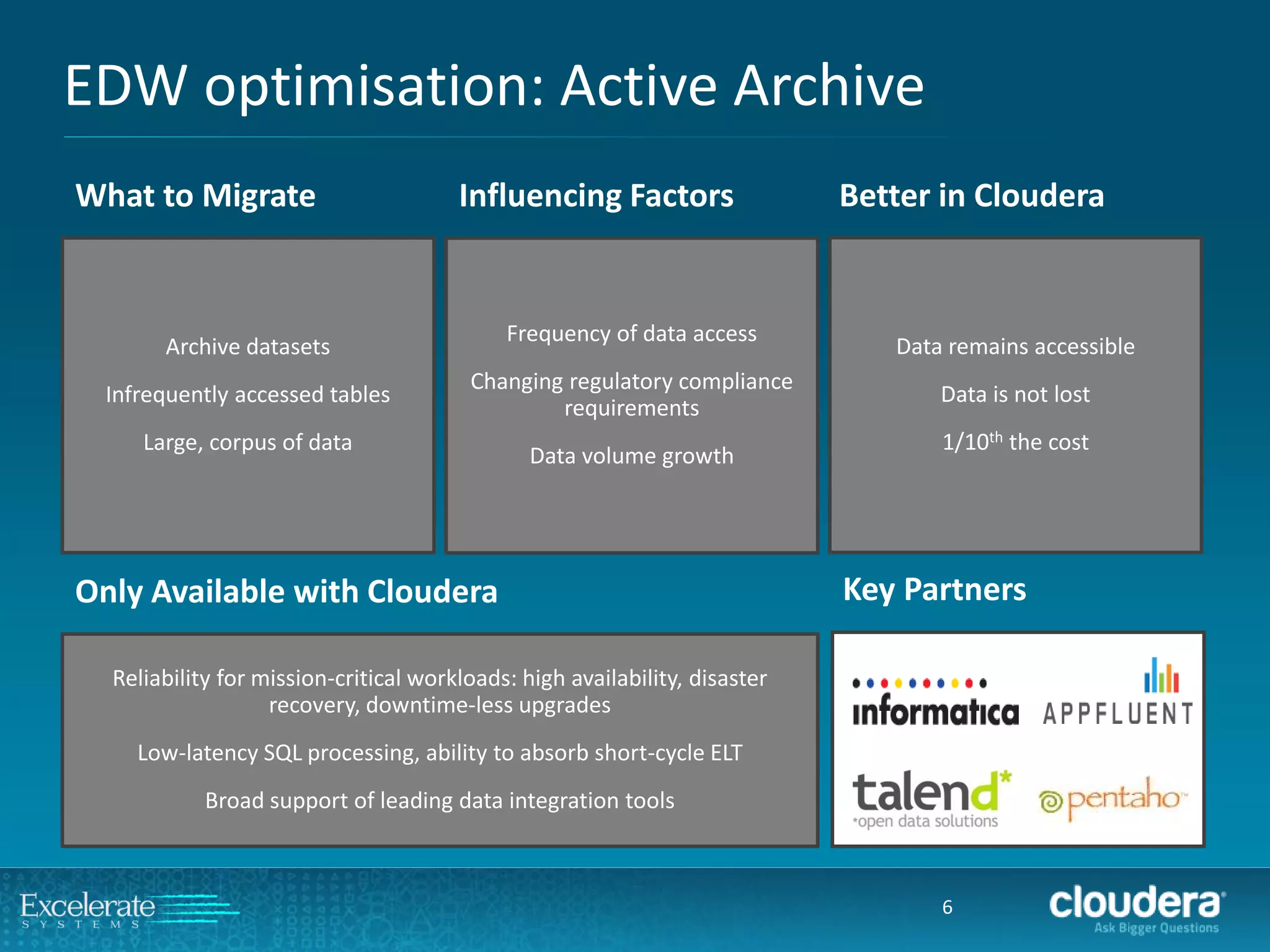 EDW optimisation: Active Archive 
6 
Archive datasets 
Infrequently accessed tables 
Large, corpus of data 
Frequency of data access 
Changing regulatory compliance requirements 
Data volume growth 
Data remains accessible 
Data is not lost 
1/10ththe cost 
What to Migrate 
Influencing Factors 
Better in Cloudera 
Reliability for mission-critical workloads: high availability, disaster recovery, downtime-less upgrades 
Low-latency SQL processing, ability to absorb short-cycle ELT 
Broad support of leading data integration tools 
Only Available with Cloudera 
Key Partners  