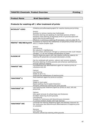 TANATEX Chemicals Product Overview Printing
Product Name Brief Description
Effective in continuous washing-off processes, even at under 95 °C
Products for washing-off / after treatment of prints
BAYSOLEX®
42062
Chelating and aftersoaping agent for reactive dyeing and printing
Anionic
Auxiliary to remove reactive dye hydrolysate
Prevents staining and spotting of unprinted sections of fabric
Prevents cross-staining of discharge prints on grounds dyed with
direct dyes during washing-off
MESITOL®
NBS/NBS liquid 01
Auxiliaries to improve the wetfastness of polyamide printed with acid
and 1:2 metal-complex dyes
Anionic
Low-foaming
No reduction in lightfastness
Do not contain ammonium nitrogen or ammonium that could release
nitrogen, i.e. do not increase eutrophication of water
PLEXENE SP
Special dispersing agent with high alkaline buffering capacity for
washing-off polyamide and polyamide/elastan articles
Can be combined with anionic, cationic and nonionic products
Prevents staining of white grounds and enhances washfastness
through optimum soaping
TANAFIX®
SRC
Formaldehyde-free aftertreatment agent for reactive prints on
cellulosics and silk
Cationic
Improves the wetfastness of reactive prints
Low-foaming
Stable at pH 3-11
TANATERGE®
A
Post treatment agent for prints on acrylics
Cationic
Stable to hard water
Rapid swelling of print paste thickeners
Prevents unfixed dye staining the print grounds
TANATERGE®
AP
Low foaming post treatment agent for prints on wool, silk and
polyamide
Cationic
Very good removal of unfixed dyes and thickeners
Excellent reserving of print grounds
Low-foaming
Suitable for continuous and discontinuous processes
To achieve brilliant shades with high fastness
TANATERGE®
DRC
Universal low foaming dispersing agent and fastness improver for
the continuous and discontinuous aftertreatment of disperse prints
on polyester
Low-foaming
Nonionic
Prevents unfixed dye staining white grounds
87
 