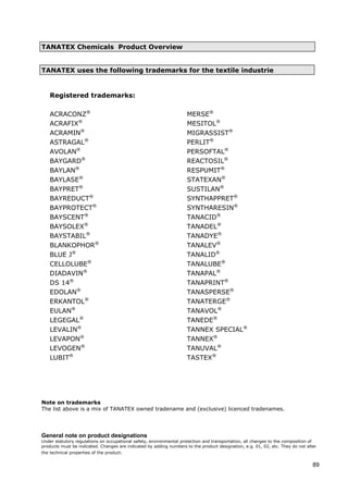 TANATEX Chemicals Product Overview
TANATEX uses the following trademarks for the textile industrie
Registered trademarks:
ACRACONZ®
MERSE®
ACRAFIX®
MESITOL®
ACRAMIN®
MIGRASSIST®
ASTRAGAL®
PERLIT®
AVOLAN®
PERSOFTAL®
BAYGARD®
REACTOSIL®
RESPUMIT®
SUSTILAN®
SYNTHAPPRET®
SYNTHARESIN®
TANACID®
TANADEL®
TANADYE®
TANEDE®
TANNEX SPECIAL®
TASTEX®
Note on trademarks
BAYLAN®
BAYLASE®
STATEXAN®
BAYPRET®
BAYREDUCT®
BAYPROTECT®
BAYSCENT®
BAYSOLEX®
BAYSTABIL®
BLANKOPHOR®
TANALEV®
BLUE J®
TANALID®
CELLOLUBE®
TANALUBE®
DIADAVIN®
TANAPAL®
DS 14®
TANAPRINT®
EDOLAN®
TANASPERSE®
ERKANTOL®
TANATERGE®
EULAN®
TANAVOL®
LEGEGAL®
LEVALIN®
LEVAPON®
TANNEX®
LEVOGEN®
TANUVAL®
LUBIT®
The list above is a mix of TANATEX owned tradename and (exclusive) licenced tradenames.
General note on product designations
Under statutory regulations on occupational safety, environmental protection and transportation, all changes to the composition of
products must be indicated. Changes are indicated by adding numbers to the product designation, e.g. 01, 02, etc. They do not alter
the technical properties of the product.
89
 