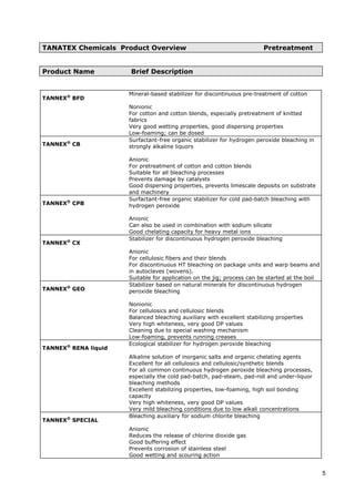 TANATEX Chemicals Product Overview Pretreatment
Product Name Brief Description
TANNEX®
BFD
Mineral-based stabilizer for discontinuous pre-treatment of cotton
Nonionic
For cotton and cotton blends, especially pretreatment of knitted
fabrics
Very good wetting properties, good dispersing properties
Low-foaming; can be dosed
TANNEX®
CB
Surfactant-free organic stabilizer for hydrogen peroxide bleaching in
strongly alkaline liquors
Anionic
For pretreatment of cotton and cotton blends
Suitable for all bleaching processes
Prevents damage by catalysts
Good dispersing properties, prevents limescale deposits on substrate
and machinery
TANNEX®
CPB
Surfactant-free organic stabilizer for cold pad-batch bleaching with
hydrogen peroxide
Anionic
Can also be used in combination with sodium silicate
Good chelating capacity for heavy metal ions
TANNEX®
CX
Stabilizer for discontinuous hydrogen peroxide bleaching
Anionic
For cellulosic fibers and their blends
For discontinuous HT bleaching on package units and warp beams and
in autoclaves (wovens).
Suitable for application on the jig; process can be started at the boil
TANNEX®
GEO
Stabilizer based on natural minerals for discontinuous hydrogen
peroxide bleaching
Nonionic
For cellulosics and cellulosic blends
Balanced bleaching auxiliary with excellent stabilizing properties
Very high whiteness, very good DP values
Cleaning due to special washing mechanism
Low-foaming, prevents running creases
TANNEX®
RENA liquid
Ecological stabilizer for hydrogen peroxide bleaching
Alkaline solution of inorganic salts and organic chelating agents
Excellent for all cellulosics and cellulosic/synthetic blends
For all common continuous hydrogen peroxide bleaching processes,
especially the cold pad-batch, pad-steam, pad-roll and under-liquor
bleaching methods
Excellent stabilizing properties, low-foaming, high soil bonding
capacity
Very high whiteness, very good DP values
Very mild bleaching conditions due to low alkali concentrations
TANNEX®
SPECIAL
Bleaching auxiliary for sodium chlorite bleaching
Anionic
Reduces the release of chlorine dioxide gas
Good buffering effect
Prevents corrosion of stainless steel
Good wetting and scouring action
5
 