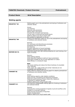 TANATEX Chemicals Product Overview Pretreatment
Product Name Brief Description
Wetting agents
ERKANTOL®
AS
Wetting agent use in the pretreatment and dyeing of cellulosics and
cellulosic blends
Anionic
Low-foaming
Improves dye penetration
Mainly used in dye liquors
Prevents film formation and foaming
Can be used in sizing and lubricating liquors
Stable to alkali up to 20 g/l caustic soda
Not suitable for application on the jet
ERKANTOL®
NR
Wetting and deaeration agent for use in the pretreatment and dyeing
of cellulosics and cellulosic blends
Nonionic
For continuous and discontinuous processes
Phosphate-free and solvent-free
Non-foaming
Excellent deaeration of wound packages
Stable to alkali up to 30 g/l caustic soda
NOFOME BLF 01
Deaerating agent with high wetting properties for wet finishing of all
types of textiles
Nonionic
Good wetting capacity
Good deaeration leading to optimum liquor penetration
Particularly suitable for dry-on-wet application on cotton
Good efficacy in a broad pH range
Note
Can cause swelling and reduce the Shore hardness of unsuitable
roller clothings.
Seals, pipes, etc. made of PVC and similar materials are not
compatible with NOFOME BLF 01.
TANAWET BC
Highly effective wetting and scouring agent for alkaline pretreatment
of cellulosics and cellulosic blends.
Anionic
Good wetting capacity under alkaline conditions
Good scouring, emulsifying and dispersing properties
Relatively good bonding of heavy metal ions, leading to
a reduction in catalytic damage
Stable to alkali up to 175 g/l caustic soda
TANAWET N-J
Low-foaming, biodegradable wetting agent for finishing of cellulosics
and cellulosic blends
Nonionic
Improves the running properties of goods on jet and overflow units
Suitable for enzymatic desizing
Good scouring of all types of impurities
Readily biodegradable
Stable to alkali up to 10 g/l caustic soda
7
 