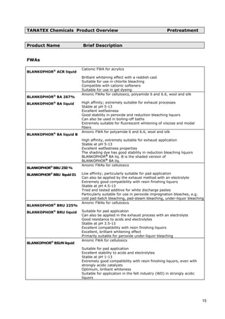 TANATEX Chemicals Product Overview Pretreatment
Product Name Brief Description
FWAs
BLANKOPHOR®
ACR liquid
Cationic FWA for acrylics
Brilliant whitening effect with a reddish cast
Suitable for use in chlorite bleaching
Compatible with cationic softeners
Suitable for use in gel dyeing
BLANKOPHOR®
BA 267%
BLANKOPHOR®
BA liquid
Anionic FWAs for cellulosics, polyamide 6 and 6.6, wool and silk
High affinity; extremely suitable for exhaust processes
Stable at pH 5-13
Excellent wetfastness
Good stability in peroxide and reduction bleaching liquors
Can also be used in boiling-off baths
Extremely suitable for fluorescent whitening of viscose and modal
fibers
BLANKOPHOR®
BA liquid B
Anionic FWA for polyamide 6 and 6.6, wool and silk
High affinity, extremely suitable for exhaust application
Stable at pH 5-13
Excellent wetfastness properties
The shading dye has good stability in reduction bleaching liquors
BLANKOPHOR®
BA liq. B is the shaded version of
BLANKOPHOR®
BA liq.
BLANKOPHOR®
BBU 250 %
BLANKOPHOR®
BBU liquid 01
Anionic FWAs for cellulosics
Low affinity; particularly suitable for pad application
Can also be applied by the exhaust method with an electrolyte
Extremely good compatibility with resin finishing liquors
Stable at pH 4.5-13
Tried and tested additive for white discharge pastes
Particularly suitable for use in peroxide impregnation bleaches, e.g.
cold pad-batch bleaching, pad-steam bleaching, under-liquor bleaching
BLANKOPHOR®
BRU 225%
BLANKOPHOR®
BRU liquid
Anionic FWAs for cellulosics
Suitable for pad application
Can also be applied in the exhaust process with an electrolyte
Good resistance to acids and electrolytes
Stable at pH 3.5-13
Excellent compatibility with resin finishing liquors
Excellent, brilliant whitening effect
Primarily suitable for peroxide under-liquor bleaching
BLANKOPHOR®
BSUN liquid
Anionic FWA for cellulosics
Suitable for pad application
Excellent stability to acids and electrolytes
Stable at pH 1-13
Extremely good compatibility with resin finishing liquors, even with
strongly acidic catalysts
Optimum, brilliant whiteness
Suitable for application in the felt industry (WO) in strongly acidic
liquors
15
 