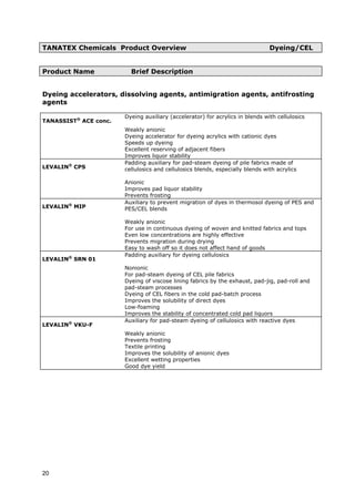 TANATEX Chemicals Product Overview Dyeing/CEL
Product Name Brief Description
Dyeing accelerators, dissolving agents, antimigration agents, antifrosting
agents
TANASSIST®
ACE conc.
Dyeing auxiliary (accelerator) for acrylics in blends with cellulosics
Weakly anionic
Dyeing accelerator for dyeing acrylics with cationic dyes
Speeds up dyeing
Excellent reserving of adjacent fibers
Improves liquor stability
LEVALIN®
CPS
Padding auxiliary for pad-steam dyeing of pile fabrics made of
cellulosics and cellulosics blends, especially blends with acrylics
Anionic
Improves pad liquor stability
Prevents frosting
LEVALIN®
MIP
Auxiliary to prevent migration of dyes in thermosol dyeing of PES and
PES/CEL blends
Weakly anionic
For use in continuous dyeing of woven and knitted fabrics and tops
Even low concentrations are highly effective
Prevents migration during drying
Easy to wash off so it does not affect hand of goods
LEVALIN®
SRN 01
Padding auxiliary for dyeing cellulosics
Nonionic
For pad-steam dyeing of CEL pile fabrics
Dyeing of viscose lining fabrics by the exhaust, pad-jig, pad-roll and
pad-steam processes
Dyeing of CEL fibers in the cold pad-batch process
Improves the solubility of direct dyes
Low-foaming
Improves the stability of concentrated cold pad liquors
LEVALIN®
VKU-F
Auxiliary for pad-steam dyeing of cellulosics with reactive dyes
Weakly anionic
Prevents frosting
Textile printing
Improves the solubility of anionic dyes
Excellent wetting properties
Good dye yield
20
 