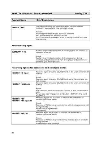 TANATEX Chemicals Product Overview Dyeing/CEL
Product Name Brief Description
TANAPAL®
FFD
Low-foaming leveling and penetration agent for direct dyes on
cellulosics; specifically for fully-fashioned articles
Nonionic
Excellent penetration of dyes, especially on seams
Very good leveling and migration of dyes
Good scouring and emulsifying action to remove residual lubricants
Low-foaming
Anti-reducing agent
SUSTILAN®
N 02
Auxiliary to prevent deterioration of direct dyes that are sensitive to
reduction at the boil
Anionic
Auxiliary to prevent deterioration of direct dyes when dyeing
cellulosics and cellulosic blends from a long liquor and in continuous
processes (pad-steam process)
Reserving agents for cellulosics and cellulosic blends
MESITOL®
HB liquid
Reserving agent for dyeing CEL/WO blends in the union acid one-bath
method
Anionic
Reserving agent for dyeing CEL/WO blends using the union acid one-
bath process
MESITOL®
HWS liquid
Reserving agent for dyeing CEL/WO blends in the union acid one-bath
method
Anionic
Aftertreatment agent to improve the fastness of wool components to
water
For use as a reserving agent in combination with the leveling agent
AVOLAN®
IL
MESITOL®
NBS
MESITOL®
NBS liquid 01
Reserving agents and auxiliaries to improve the wetfastness of
cellulosic/polyamide blends
Anionic
Reserving of PA fibers to prevent staining with direct dyes in one-bath
dyeing with CEL
No reduction in lightfastness
Low-foaming
MESITOL®
NBSJ 01
Reserving agent and auxiliary to improve the wetfastness of
cellulosic/polyamide blends
Anionic
Reserving of PA fibers to prevent staining by direct dyes in one-bath
dyeing with CEL
Stable to application on the jet
22
 