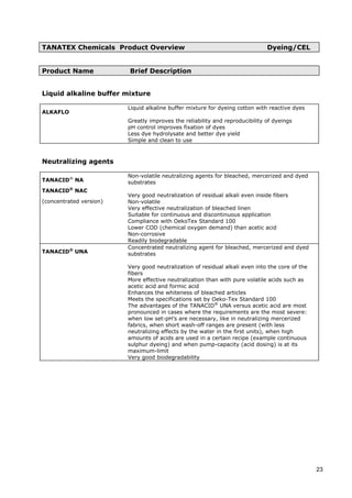 TANATEX Chemicals Product Overview Dyeing/CEL
Product Name Brief Description
Liquid alkaline buffer mixture
ALKAFLO
Liquid alkaline buffer mixture for dyeing cotton with reactive dyes
Greatly improves the reliability and reproducibility of dyeings
pH control improves fixation of dyes
Less dye hydrolysate and better dye yield
Simple and clean to use
Neutralizing agents
TANACID®
NA
TANACID®
NAC
(concentrated version)
Non-volatile neutralizing agents for bleached, mercerized and dyed
substrates
Very good neutralization of residual alkali even inside fibers
Non-volatile
Very effective neutralization of bleached linen
Suitable for continuous and discontinuous application
Compliance with OekoTex Standard 100
Lower COD (chemical oxygen demand) than acetic acid
Non-corrosive
Readily biodegradable
TANACID®
UNA
Concentrated neutralizing agent for bleached, mercerized and dyed
substrates
Very good neutralization of residual alkali even into the core of the
fibers
More effective neutralization than with pure volatile acids such as
acetic acid and formic acid
Enhances the whiteness of bleached articles
Meets the specifications set by Oeko-Tex Standard 100
The advantages of the TANACID®
UNA versus acetic acid are most
pronounced in cases where the requirements are the most severe:
when low set-pH’s are necessary, like in neutralizing mercerized
fabrics, when short wash-off ranges are present (with less
neutralizing effects by the water in the first units), when high
amounts of acids are used in a certain recipe (example continuous
sulphur dyeing) and when pump-capacity (acid dosing) is at its
maximum-limit
Very good biodegradability
23
 