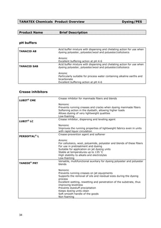 TANATEX Chemicals Product Overview Dyeing/PES
Product Name Brief Description
pH buffers
TANACID AB
Acid buffer mixture with dispersing and chelating action for use when
dyeing polyester, polyester/wool and polyester/cellulosics
Anionic
Excellent buffering action at pH 4-6
TANACID SAB
Acid buffer mixture with dispersing and chelating action for use when
dyeing polyester, polyester/wool and polyester/cellulosics
Anionic
Particularly suitable for process water containing alkaline earths and
bicarbonate
Excellent buffering action at pH 4-6
Crease inhibitors
LUBIT®
CME
Crease inhibitor for manmade fibers and blends
Nonionic
Prevents running creases and cracks when dyeing manmade fibers
Softening action in the dyebath, allowing higher loads
Allows dyeing of very lightweight qualities
Low-foaming
LUBIT®
LC
Crease inhibitor, dispersing and leveling agent
Nonionic
Improves the running properties of lightweight fabrics even in units
with rapid liquor circulation
PERSOFTAL®
L
Crease-prevention agent and softener
Anionic
For cellulosics, wool, polyamide, polyester and blends of these fibers
For use in pretreatment and dyeing
Suitable for application on jet dyeing units
Stable at temperatures up to 135 °
C
High stability to alkalis and electrolytes
Low-foaming
TANEDE®
PRT
Versatile, multifunctional auxiliary for dyeing polyester and polyester
blends
Nonionic
Prevents running creases on jet equipments
Supports the removal of oils and residual sizes during the dyeing
process
Excellent wetting, rewetting and penetration of the substrate, thus
improving levelness
Prevents dyestuff precipitation
Keeps dyeing units clean
Soft smooth handle of the goods
Non foaming
34
 