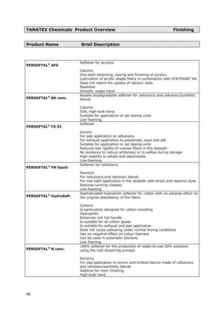 TANATEX Chemicals Product Overview Finishing
Product Name Brief Description
PERSOFTAL®
AFS
Softener for acrylics
Cationic
One-bath bleaching, dyeing and finishing of acrylics
Lubrication of acrylic staple fibers in combination with STATEXAN®
HA
Does not retard the uptake of cationic dyes
Washfast
Smooth, soapy hand
PERSOFTAL®
BK conc.
Readily biodegradable softener for cellulosics and cellulosic/synthetic
blends
Cationic
Soft, high-bulk hand
Suitable for application on jet dyeing units
Low-foaming
PERSOFTAL®
FA 01
Softener
Anionic
For pad application to cellulosics
For exhaust application to polyamide, wool and silk
Suitable for application on jet dyeing units
Reduces wet rigidity of viscose fibers in the dyebath
No tendency to reduce whiteness or to yellow during storage
High stability to alkalis and electrolytes
Low-foaming
PERSOFTAL®
FN liquid
Softener for cellulosics
Nonionic
For cellulosics and cellulosic blends
For one-bath application in the dyebath with direct and reactive dyes
Reduces running creases
Low-foaming
PERSOFTAL®
HydroSoft
Sophisticated hydrophilic softener for cotton with no adverse effect on
the original absorbency of the fabric
Cationic
Is particularly designed for cotton towelling
Hydrophilic
Enhances rich full handle
Is suitable for all cotton goods
Is suitable for exhaust and pad application
Does not cause yellowing under normal drying conditions
Has no negative effect on colour fastness
Can be used in automatic kitchens
Low foaming
PERSOFTAL®
N conc.
100% softener for the production of ready-to-use 20% solutions
using the cold dissolving process
Nonionic
For pad application to woven and knitted fabrics made of cellulosics
and cellulosic/synthetic blends
Additive for resin finishing
High-bulk hand
48
 
