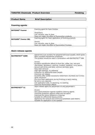 TANATEX Chemicals Product Overview Finishing
Product Name Brief Description
Foaming agents
BAYGARD®
Foamer
Foaming agent for foam finishes
Amphoteric
Low viscosity, easy to dose
Does not impair the effect of fluorocarbon products
BAYGARD®
Foamer SBL
Foaming agent for foam application of finishing products
Anionic
Low viscosity, easy to dose
Does not impair the effect of fluorocarbon finishess
Stain-release agents
BAYPROTECT®
8280
Special dry-cure auxiliary for polyamid and wool carpets, which gives
fabric excellent stainblocker properties.
This product should be used in combination with BAYPROTECT®
SBR
Anionic
Excellent stainblocker effects to Kool Aid, coffee, tea, red wine
(Dornfelder, Bordeaux), ketchup, mustard, betadine, curry sauce,
several soft drinks and other common domestic spots
Easy stain removal
High light fastness, no yellowing
Protection for differential dyed carpets
Improves soil release
Durability after 22000 revolutions Vettermann drumtest and 5 times
spray extraction
Dry-cure foam application during finishing or back-coating.
No extra runs required
Low application cost, no steaming, no washing
Improves fluorocarbon effects
BAYPROTECT®
CL
Stain-release agent for polyamide 6.6 and polyamide 6
Anionic
Very good protection against oxidative cleaning agents
Improves protection against coffee and tea stains
Improves the ozone resistance of dyeings
Suitable for differential-dyeing articles
Applied by the exhaust and continuous processes (pad-steam)
Suitable for application in the dyebath
64
 