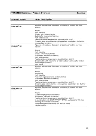 TANATEX Chemicals Product Overview Coating
Product Name Brief Description
EDOLAN®
UC
Aqueous polyurethane dispersion for coating of textiles and non-
wovens
Anionic
High elasticity
Gives a soft rubbery handle
Suitable for mechanical foaming
High lightfastness
Fixation at lower temperatures possible (from 110˚C)
Crosslink able with melamine- or isocyanate crosslinkers for further
improved performance
EDOLAN®
UH
Aqueous polyurethane dispersion for coating of textiles and non-
wovens
Anionic
High elasticity
Gives a soft rubbery handle
Suitable for mechanical foaming
High light fastness
Fixation at lower temperatures possible (from 110˚C)
Crosslinkable with melamine- or isocyanate crosslinkers for further
improved performance
High solids
EDOLAN®
HS
Aqueous polyurethane dispersion for coating of textiles and non-
wovens
Anionic
Soft handle
High elasticity
Free from organic solvents and emulsifiers
Suitable for mechanical foaming
High lightfastness
Fixation at lower temperatures possible (from 110˚C)
Crosslink able with melamine- or isocyanate crosslinkers for further
improved performance
EDOLAN®
LV
Aqueous polyurethane dispersion for coating of textiles and non-
wovens
Anionic
Outstanding hydrolysis resistance
Suitable for mechanical foaming
Fixation at lower temperatures possible (from 110˚C)
In combination with SYNTHAPPRET®
BAP 01 applicable for felt free
finishing of wool and woolblends
Improves dimension stability and reduces pilling
Handle modifier
75
 