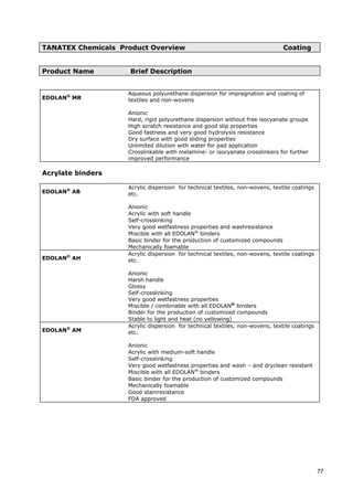 TANATEX Chemicals Product Overview Coating
Product Name Brief Description
EDOLAN®
MR
Aqueous polyurethane dispersion for impregnation and coating of
textiles and non-wovens
Anionic
Hard, rigid polyurethane dispersion without free isocyanate groups
High scratch resistance and good slip properties
Good fastness and very good hydrolysis resistance
Dry surface with good sliding properties
Unlimited dilution with water for pad application
Crosslinkable with melamine- or isocyanate crosslinkers for further
improved performance
Acrylate binders
EDOLAN®
AB
Acrylic dispersion for technical textiles, non-wovens, textile coatings
etc.
Acrylic with soft handle
Anionic
Self-crosslinking
Very good wetfastness properties and washresistance
Miscible with all EDOLAN®
binders
Basic binder for the production of customized compounds
Mechanically foamable
EDOLAN®
AH
Acrylic dispersion for technical textiles, non-wovens, textile coatings
etc.
Anionic
Harsh handle
Glossy
Self-crosslinking
Very good wetfastness properties
Miscible / combinable with all EDOLAN®
binders
Binder for the production of customized compounds
Stable to light and heat (no yellowing)
EDOLAN®
AM
Acrylic dispersion for technical textiles, non-wovens, textile coatings
etc.
Anionic
Acrylic with medium-soft handle
Self-crosslinking
Very good wetfastness properties and wash – and dryclean resistant
Miscible with all EDOLAN®
binders
Basic binder for the production of customized compounds
Mechanically foamable
Good stainresistance
FDA approved
77
 