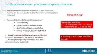 La réforme européenne : principaux changementsattendus 
Renforcementdes droitsdes citoyensde l’UE(Transparence, maitrisedes données, droitàl’oubli/effacement, nouvellesactions en justice) 
Responsabilisationde l’ensembledes acteurs 
Accountability 
Etude d’impactssurla vie privée 
Notification obligatoiredes failles 
Privacy By Design, Security By Default 
Hausse des sanctions: 
•1 M €ou jusqu’à 2% C.A. Groupe 
•(Parlement: 5% C.A. et 100 M€) 
Encadrementdu profiling (analyseouprédiction): 
Si risqued'impactssurla vie privéeet les libertés 
……Alorsle profiling n’estpossible quedans3 cas: 
consentement, loioucontrat. 
«Profiling» de données sensibles interditHorizon fin 2014  