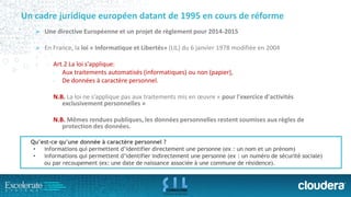 Un cadre juridique européen datant de 1995 en cours de réforme 
Une directive Européenne et un projet de règlement pour 2014-2015 
En France, la loi « Informatique et Libertés» (LIL) du 6 janvier 1978 modifiée en 2004 
Art.2 La loi s'applique: 
-Aux traitements automatisés (informatiques) ou non (papier), 
-De données à caractère personnel. 
N.B. La loi ne s’applique pasaux traitements mis en oeuvre «pour l'exercice d'activités exclusivement personnelles» 
N.B.Mêmes rendues publiques, les données personnelles restent soumises aux règles de protection des données. 
Qu’est-ce qu’une donnée à caractère personnel ? 
•informations qui permettent d’identifier directement une personne (ex: un nom et un prénom) 
•informations qui permettent d’identifier indirectement une personne (ex: un numéro de sécurité sociale) ou par recoupement (ex: une date de naissance associée à une commune de résidence).  