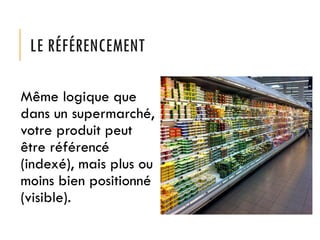 LE RÉFÉRENCEMENT
Même logique que
dans un supermarché,
votre produit peut
être référencé
(indexé), mais plus ou
moins bien positionné
(visible).

 