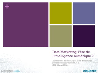 + 
Data Marketing, l’ère de l’intelligence numérique ? 
Après l’effet de mode, quel bilan des solution professionnelle pour la P&M E. 
CCI, 28 mai 2014.  