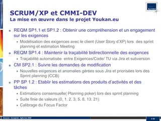 SCRUM/XP et CMMI-DEV
         La mise en œuvre dans le projet Youkan.eu

              REQM SP1.1 et SP1.2 : Obtenir une compréhension et un engagement
              sur les exigences
                       Modélisation des exigences avec le client (User Story d’XP) lors des sprint
                       planning et estimation Meeting
              REQM SP1.4 : Maintenir la traçabilité bidirectionnelle des exigences
                       Traçabilité automatisée entre Exigences/Code/ TU via Jira et subversion
              CM SP2.1 : Suivre les demandes de modification
                       Nouvelles exigences et anomalies gérées sous Jira et priorisées lors des
                       Sprint planning (CCB)
              PP SP 1.2 : Etablir les estimations des produits d’activités et des
              tâches
                       Estimations consensuelle( Planning poker) lors des sprint planning
                       Suite finie de valeurs (0, 1, 2, 3, 5, 8, 13, 21)
                       Calibrage du Focus Factor

Alcyonix - Eurogiciel : Agile tour 2009
                                                                                                  # 25
 