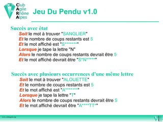 Jeu Du Pendu v1.0

          Succès avec état
                    Soit le mot à trouver "SANGLIER"
                    Et le nombre de coups restants est 5
                    Et le mot affiché est "S*******"
                    Lorsque je tape la lettre "N"
                    Alors le nombre de coups restants devrait être 5
                    Et le mot affiché devrait être "S*N*****"


           Succès avec plusieurs occurrences d'une même lettre
                    Soit le mot à trouver "ALOUETTE"
                    Et le nombre de coups restants est 5
                    Et le mot affiché est "A*******"
                    Lorsque je tape la lettre "T"
                    Alors le nombre de coups restants devrait être 5
                    Et le mot affiché devrait être "A****TT*"

www.clubagile.org
 
