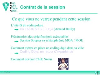 Contrat de la session

                    Ce que vous ne verrez pendant cette session
                    L'intérêt du coding-dojo
                           On The Benefits of Dojo (Arnaud Bailly)

                    Présentation des spécifications exécutables
                          Session Soigner sa schizophrénie MOA / MOE

                    Comment mettre en place un coding-dojo dans sa ville
                        Coding Dojo: un retour d'expérience

                    Comment devenir Chuk Norris


www.clubagile.org
 