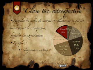 “Close - retro'ective”

•Ra+eler les règles de sécu*té et réﬂéchir sur ce qui est

ar*vé durant la rétro'ective,              Close Règles
                                                          Set
                                        15 %       5 %
                                                     The stage
formuler des a+réciations.        Decide
                                                          15 %
                                 What to do
•Exemples :                         15 %                  Gather
                                      Generate             Data

      •“ Temperature rea#ng ”          Insights            25 %
                                            25 %



                       Alchim!te-Agil"com
 