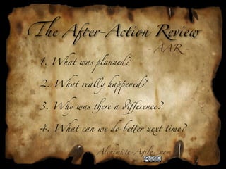 2e A7er-Action Review
                           - AAR -

 1. What was planned?


 2. What really ha+ened?


 3. Why was )ere a #ﬀerence?


 4. What can we do be5er next time?


              Alchim!te-Agil"com
 
