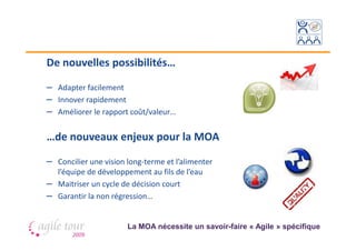 De nouvelles possibilités…

– Adapter facilement
– Innover rapidement
– Améliorer le rapport coût/valeur…

…de nouveaux enjeux pour la MOA

– Concilier une vision long-terme et l’alimenter
  l’équipe de développement au fils de l’eau
– Maitriser un cycle de décision court
– Garantir la non régression…

                       La MOA nécessite un savoir-faire « Agile » spécifique
 