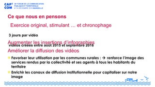 Ce que nous en pensons
3 jours par vidéo
vidéos créées entre août 2015 et septembre 2016
Exercice original, stimulant … et chronophage
Augmenter les insertions d’infographies
Améliorer la diffusion des vidéos
Favoriser leur utilisation par les communes rurales :  renforce l’image des
services rendus par la collectivité et ses agents à tous les habitants du
territoire
Enrichir les canaux de diffusion institutionnelle pour capitaliser sur notre
image
 