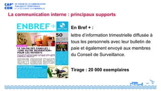La communication interne : principaux supports
En Bref + :
lettre d’information trimestrielle diffusée à
tous les personnels avec leur bulletin de
paie et également envoyé aux membres
du Conseil de Surveillance.
Tirage : 20 000 exemplaires
 