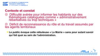 Contexte et constat
 Difficulté avérée pour informer les habitants sur des
thématiques cataloguées comme « administrativement
rébarbatives ou trop techniques »
 Déficit de reconnaissance du rôle et du travail assumés par
les agents territoriaux
Le public évoque cette nébuleuse « La Mairie » sans pour autant savoir
qui fait quoi au sein de l’administration.
 