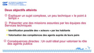 Deux objectifs atteints
 Expliquer un sujet complexe, un peu technique « le point à
temps »
 Présenter une des missions assurées par les équipes des
Services techniques
Identification possible des « acteurs » par les habitants
Valorisation des compétences des agents auprès de leurs pairs
 Conséquences directes : Un outil idéal pour valoriser le rôle
des agents publics
 