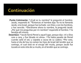 Punto 
Culminante: 
27¿Cuál 
es 
tu 
nombre? 
le 
preguntó 
el 
hombre. 
Jacob, 
respondió 
él. 
28Entonces 
el 
hombre 
dijo: 
Ya 
no 
te 
llamarás 
Jacob, 
sino 
Israel, 
porque 
has 
luchado 
con 
Dios 
y 
con 
los 
hombres, 
y 
has 
vencido. 
29Declárame 
ahora 
tu 
nombre, 
le 
preguntó 
Jacob. 
¿Por 
qué 
me 
preguntas 
por 
mi 
nombre? 
respondió 
el 
hombre. 
Y 
lo 
bendijo 
allí 
mismo. 
Desenlace: 
30Jacob 
llamó 
Peniel 
a 
aquel 
lugar, 
porque 
dijo: 
«Vi 
a 
Dios 
cara 
a 
cara, 
y 
fue 
librada 
mi 
alma». 
31Ya 
había 
pasado 
de 
Peniel 
cuando 
salió 
el 
sol; 
y 
cojeaba 
a 
causa 
de 
su 
cadera. 
32Por 
esto, 
hasta 
el 
día 
de 
hoy 
no 
comen 
los 
hijos 
de 
Israel 
del 
tendón 
que 
se 
contrajo, 
el 
cual 
está 
en 
el 
encaje 
del 
muslo, 
porque 
Jacob 
fue 
tocado 
en 
este 
sitio 
de 
su 
muslo, 
en 
el 
tendón 
que 
se 
contrajo. 
 