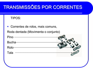 TRANSMISSÕES POR CORRENTES 
TIPOS: 
Correntes de rolos, mais comuns, 
Roda dentada (Movimenta o conjunto) 
Pino 
Bucha 
Rolo 
Tala  
