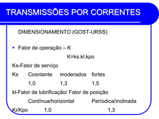 TRANSMISSÕES POR CORRENTES 
DIMENSIONAMENTO (GOST-URSS) 
Fator de operação – K 
K=ks.kl.kpo 
Ks-Fator de serviço 
Ks Cosntante moderados fortes 
1,0 1,3 1,5 
kl-Fator de lubrificação/ Fator de posição 
Contínua/horizontal Períodica/inclinada 
Ki/Kpo 1,0 1,3  