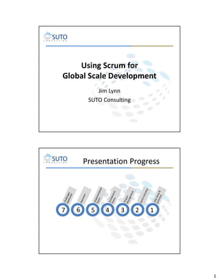 Using Scrum for
Global Scale Development
Jim Lynn
SUTO Consulting

Presentation Progress

7

6

5

4

3

2

1

1

 