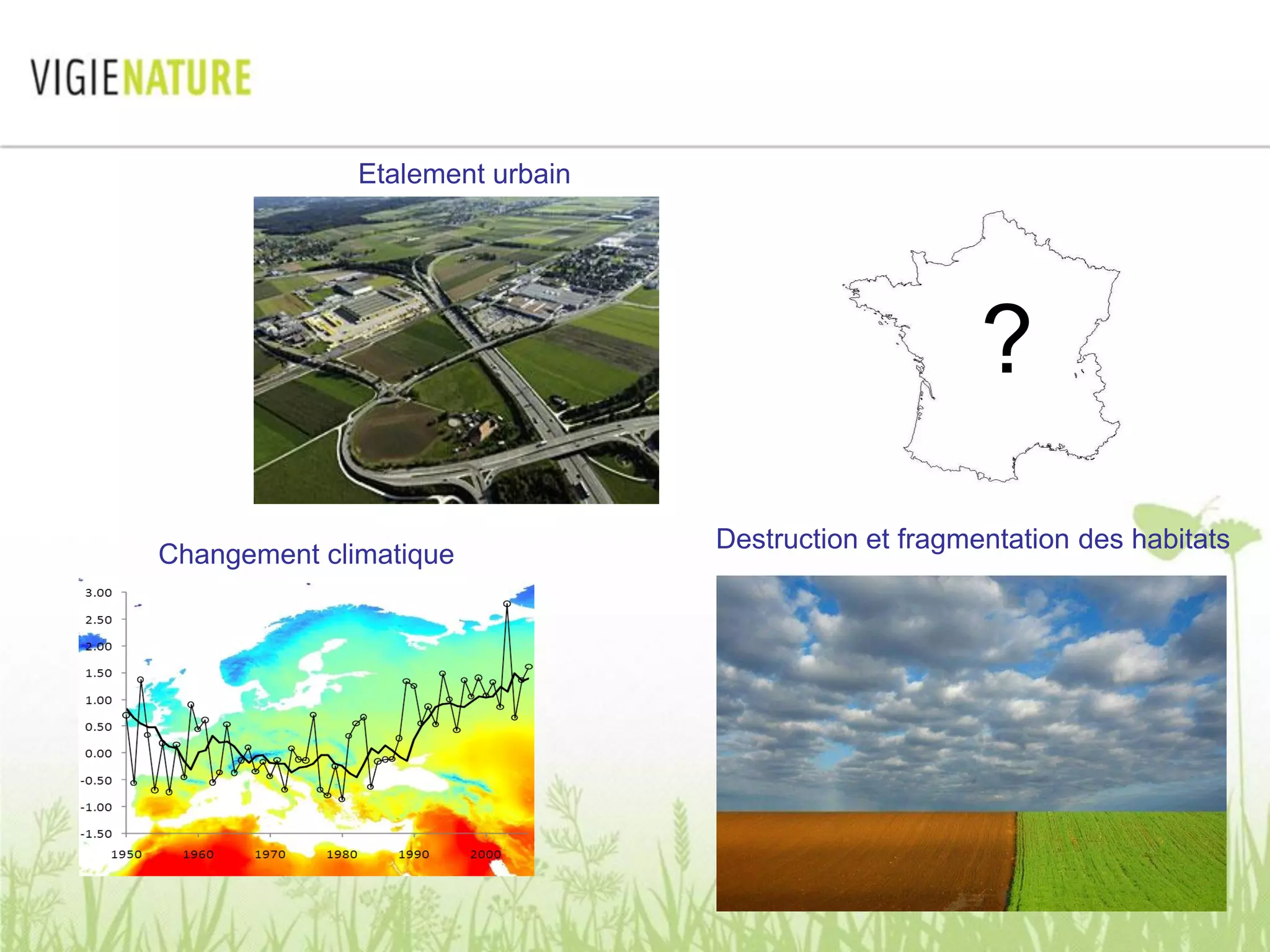 Etalement urbain




                                                      ?
                                 Destruction et fragmentation des habitats
Changement climatique
 