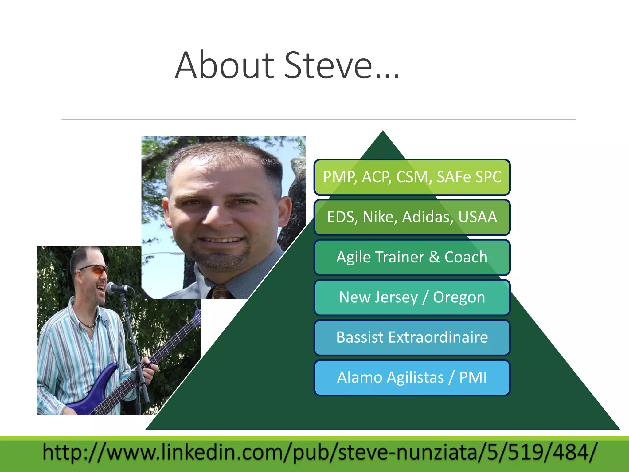 About Steve…
PMP, ACP, CSM, SAFe SPC
EDS, Nike, Adidas, USAA
Agile Trainer & Coach
New Jersey / Oregon
Bassist Extraordinaire
Alamo Agilistas / PMI
 