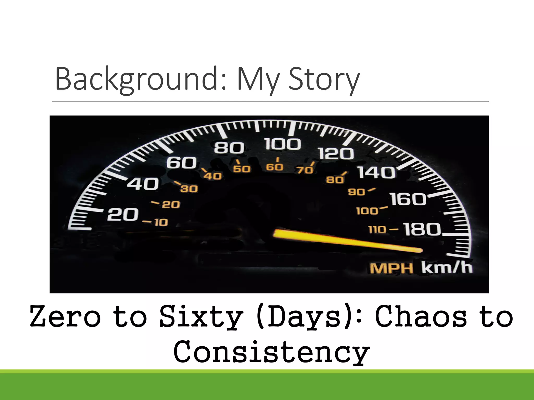 Background: My Story
Zero to Sixty (Days): Chaos to
Consistency
 