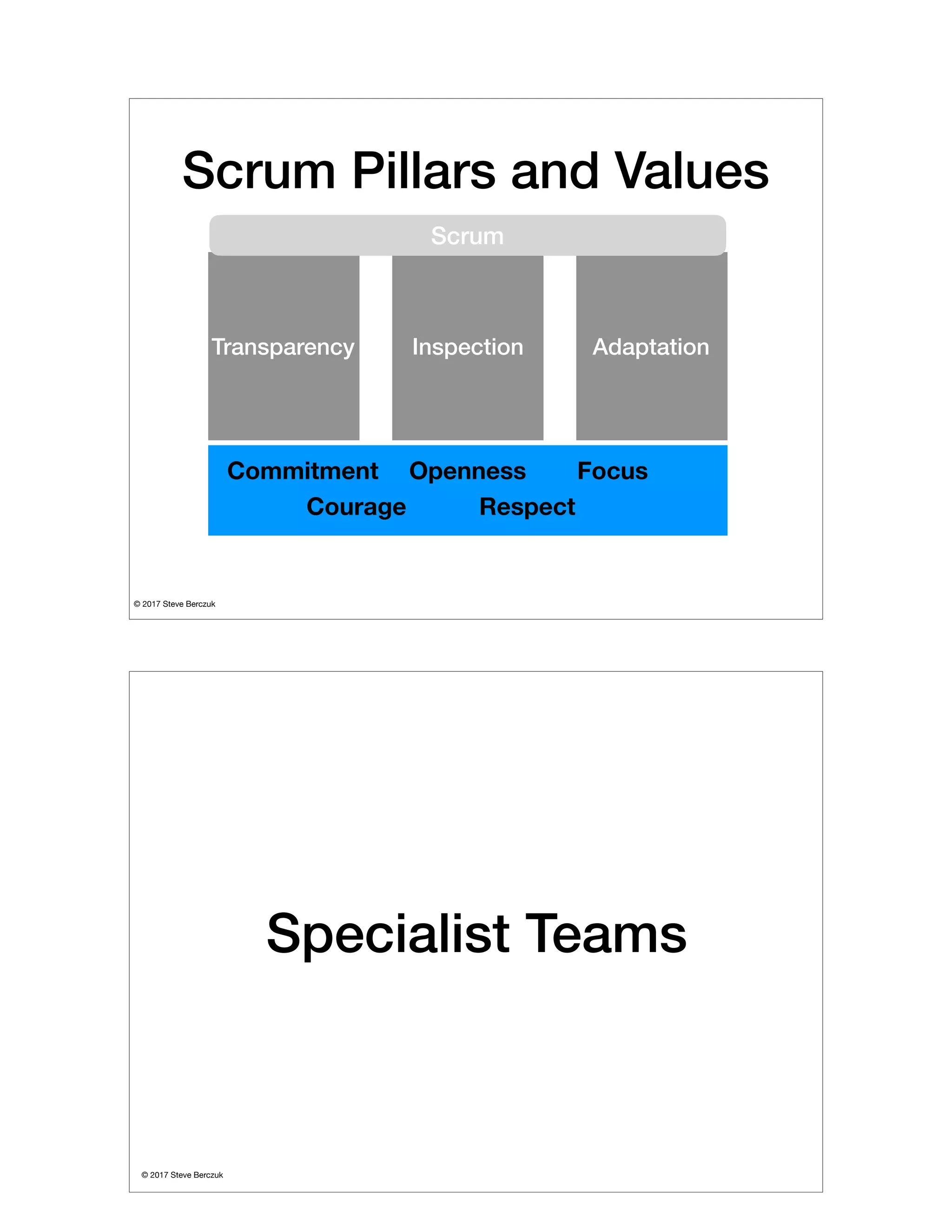 © 2017 Steve Berczuk

Scrum Pillars and Values
Transparency Inspection Adaptation
Commitment
Courage
Openness Focus
Respect
Scrum
© 2017 Steve Berczuk

Specialist Teams
 