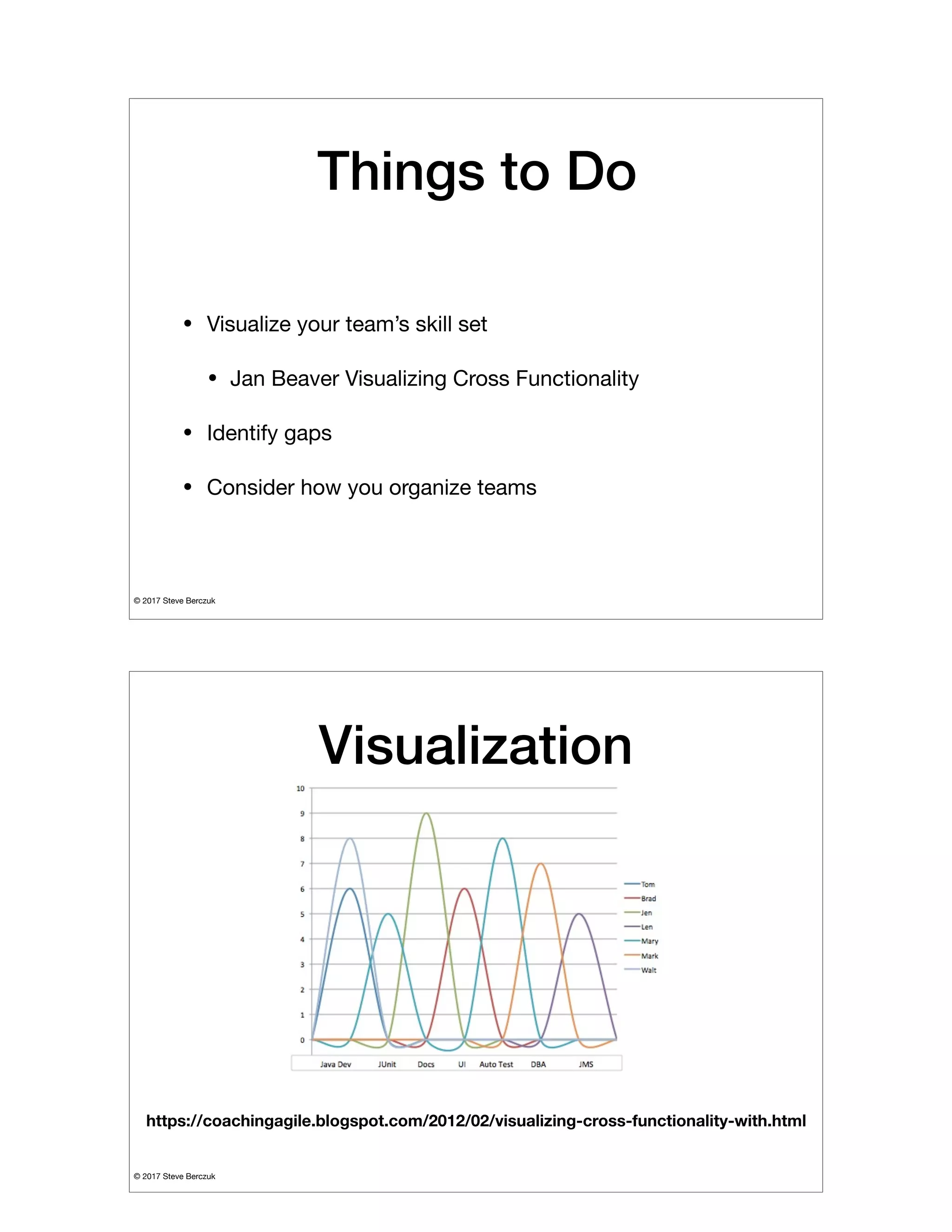 © 2017 Steve Berczuk

Things to Do
• Visualize your team’s skill set 

• Jan Beaver Visualizing Cross Functionality

• Identify gaps

• Consider how you organize teams
© 2017 Steve Berczuk

Visualization
https://coachingagile.blogspot.com/2012/02/visualizing-cross-functionality-with.html
 
