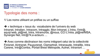 Typologie des noms :
1/ Les noms utilisant un préfixe ou un suffixe
 « technique » issus du vocabulaire de l’univers du web
Intranet, Intralien, Intracom, Intragglo, Mon Intranet, L’Intra, l’Intr@,
equip’web, pl@net, Intra, Intramuros, @nous, CCI L’Intra, pl@nerMSA,
Synergie Net, intr@74,e-acteurs …
 Avec comme déclinaison les noms intégrant celui de la collectivité
Finisnet, Aintranet, Paupyrenet, Clamartnet, Intranaude, Intralille, Intra
Carene, Intr@Combs, Portail Brest Métropole, Aulnet, Intraniort …
 