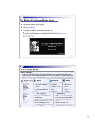 13
25
Get Started: Hypotheses-Driven Vision
•  Develop a classic vision board
•  List assumptions
•  Continue to identify assumptions as you go
•  Translate implicit assumptions into explicit testable hypotheses
•  List hypotheses
26
DCAPI Vision Board
Target Group Needs Product Value
For clients who have a need for capturing census-based usage analytics on their connected devices/applications, Data
Collection API (DCAPI) is a cloud-based service that provides a simple easy-to-understand way of reporting measurements.
Unlike classic embedded SDK approaches, the DCAPI will provide a direct reporting experience based on web service calls.
Digital customers
•  CBS Interactive
•  MobiTV
•  A&E Apps
•  Crown Media
•  Univision Apps
•  Pandora
•  Viacom
•  Fox News
•  DirecTV
•  NBCU Apps
•  AT&T
•  JW Player
•  Yelp
•  Roku
•  Xbox
•  Connected TVs
•  PlayStation
•  Ease of measurement reporting
•  Use of familiar programmatic
approach
•  Less software development
•  No need to download/integrate
SDK
•  One solution for all digital
•  Cloud-based
•  Transparent evolution
•  Linear scaling as demand
grows
•  Fault tolerant
•  Increase revenues
•  Satisfy pent-up
demand
•  Increase digital
footprint
•  1-stop-shop
Assumptions Hypotheses
•  Customers will prefer DCAPI over the
embedded SDK
•  DCAPI will make it easier to certify apps
•  DCAPI can handle a large amount of users
•  DCAPI will need a super-fast DB
•  An early release to friendly customers will
provide good feedback
•  > 80% of all customers will prefer DCAPI
•  DCAPI can be self-certified by customers
•  DCAPI can handle 50K simultaneous
sessions
•  Redis is the best DB for DCAPI
•  An initial release can be built with limited (but
valuable) functionality for early adopters
Vision Statement
 