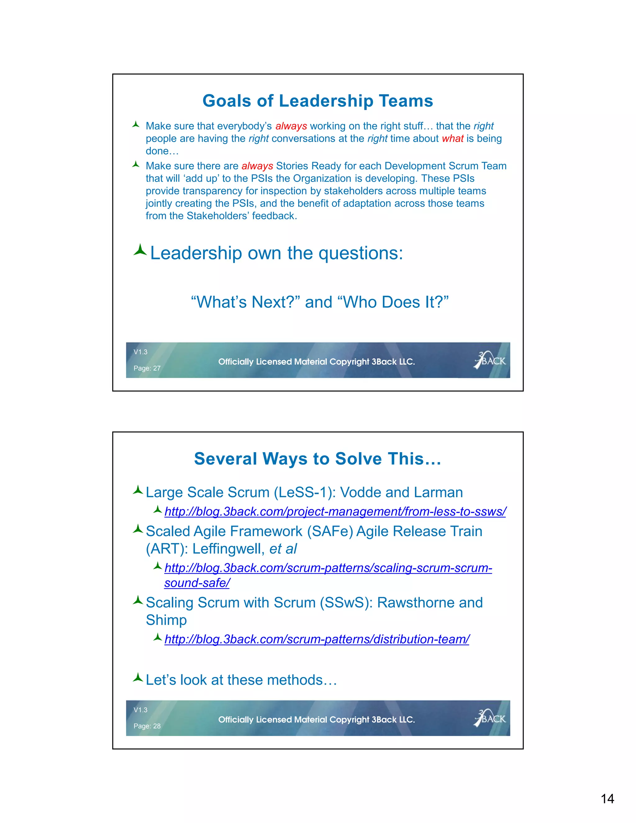 14
V1.2 27 © 2016Officially Licensed Material Copyright 3Back LLC.
V1.3
Page: 27
Officially Licensed Material Copyright 3Back LLC.
Goals of Leadership Teams
Make sure that everybody’s always working on the right stuff… that the right
people are having the right conversations at the right time about what is being
done…
Make sure there are always Stories Ready for each Development Scrum Team
that will ‘add up’ to the PSIs the Organization is developing. These PSIs
provide transparency for inspection by stakeholders across multiple teams
jointly creating the PSIs, and the benefit of adaptation across those teams
from the Stakeholders’ feedback.
Leadership own the questions:
“What’s Next?” and “Who Does It?”
V1.2 28 © 2016Officially Licensed Material Copyright 3Back LLC.
V1.3
Page: 28
Officially Licensed Material Copyright 3Back LLC.
Several Ways to Solve This…
Large Scale Scrum (LeSS-1): Vodde and Larman
http://blog.3back.com/project-management/from-less-to-ssws/
Scaled Agile Framework (SAFe) Agile Release Train
(ART): Leffingwell, et al
http://blog.3back.com/scrum-patterns/scaling-scrum-scrum-
sound-safe/
Scaling Scrum with Scrum (SSwS): Rawsthorne and
Shimp
http://blog.3back.com/scrum-patterns/distribution-team/
Let’s look at these methods…
 