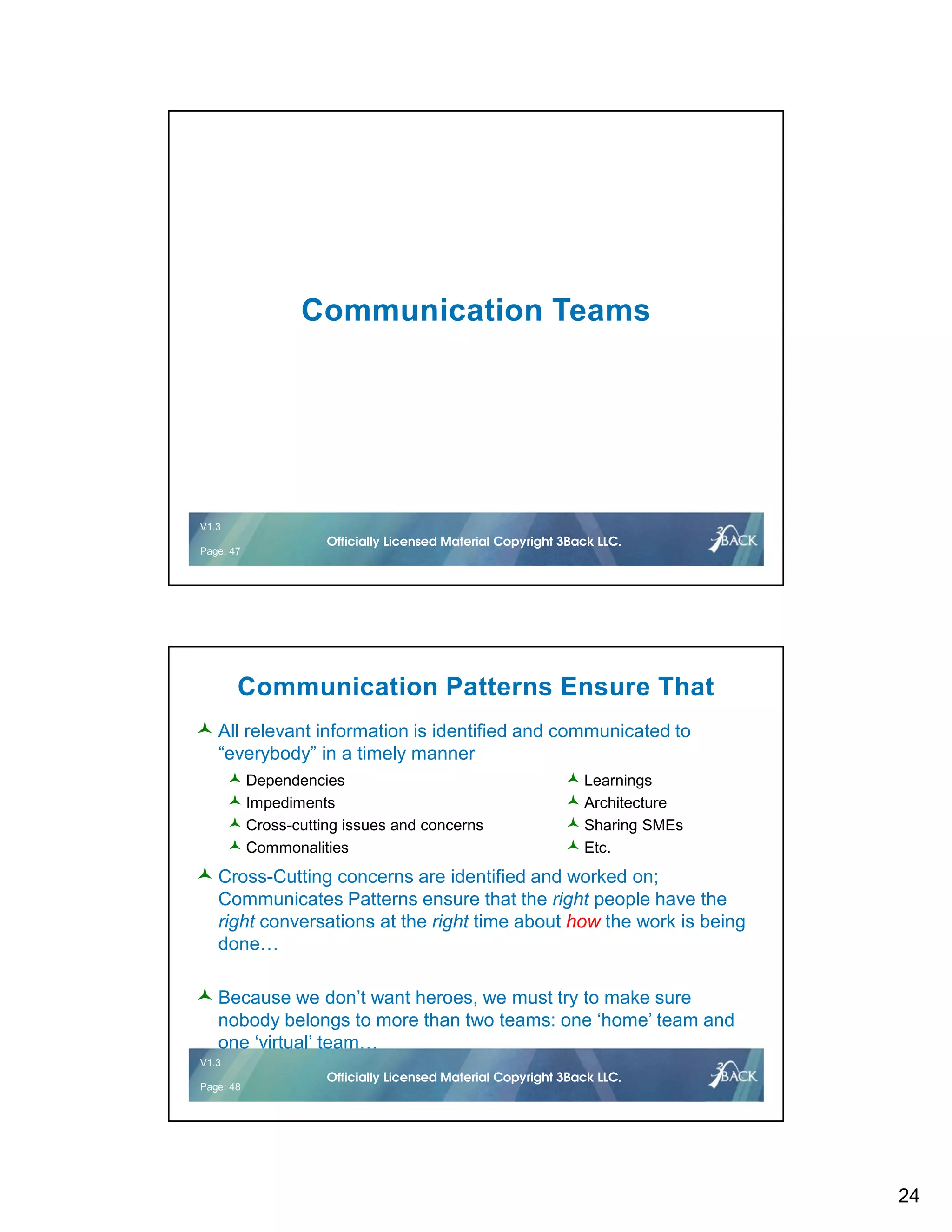 24
V1.2 47 © 2016Officially Licensed Material Copyright 3Back LLC.
V1.3
Page: 47
Officially Licensed Material Copyright 3Back LLC.
Communication Teams
V1.2 48 © 2016Officially Licensed Material Copyright 3Back LLC.
V1.3
Page: 48
Officially Licensed Material Copyright 3Back LLC.
Communication Patterns Ensure That
All relevant information is identified and communicated to
“everybody” in a timely manner
Cross-Cutting concerns are identified and worked on;
Communicates Patterns ensure that the right people have the
right conversations at the right time about how the work is being
done…
Because we don’t want heroes, we must try to make sure
nobody belongs to more than two teams: one ‘home’ team and
one ‘virtual’ team…
Dependencies
Impediments
Cross-cutting issues and concerns
Commonalities
Learnings
Architecture
Sharing SMEs
Etc.
 