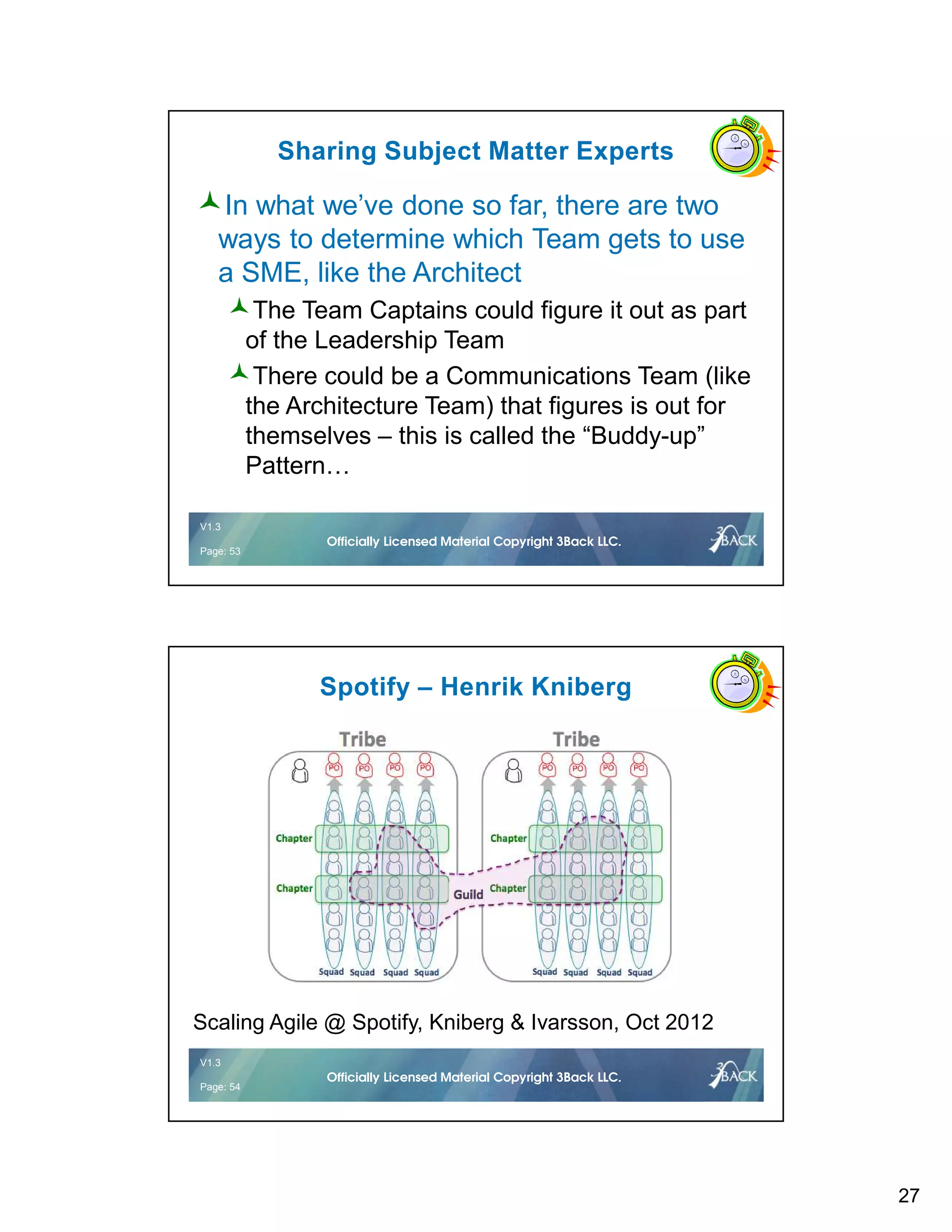 27
V1.2 53 © 2016Officially Licensed Material Copyright 3Back LLC.
V1.3
Page: 53
Officially Licensed Material Copyright 3Back LLC.
Sharing Subject Matter Experts
In what we’ve done so far, there are two
ways to determine which Team gets to use
a SME, like the Architect
The Team Captains could figure it out as part
of the Leadership Team
There could be a Communications Team (like
the Architecture Team) that figures is out for
themselves – this is called the “Buddy-up”
Pattern…
V1.2 54 © 2016Officially Licensed Material Copyright 3Back LLC.
V1.3
Page: 54
Officially Licensed Material Copyright 3Back LLC.
Spotify – Henrik Kniberg
Scaling Agile @ Spotify, Kniberg & Ivarsson, Oct 2012
 