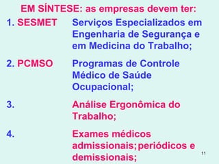 11
1. SESMET Serviços Especializados em
Engenharia de Segurança e
em Medicina do Trabalho;
2. PCMSO Programas de Controle
Médico de Saúde
Ocupacional;
3. Análise Ergonômica do
Trabalho;
4. Exames médicos
admissionais;periódicos e
demissionais;
EM SÍNTESE: as empresas devem ter:
 