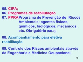 12
05. CIPA;
06. Programas de reabilutação
07. PPRAPrograma de Prevenção de Riscos
Ambientais: agentes físicos,
químicos, biológicos, mecânicos,
etc. Obrigatório (NR.9);
08. Acompanhamento para efetiva
reabilitação
09. Controle dos Riscos ambientais através
da Engenharia e Medicina Ocupacional.
 