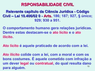 13
RSPONSABILIDADE CIVILRSPONSABILIDADE CIVIL
Relevante capítulo da Ciência Jurídica - CódigoRelevante capítulo da Ciência Jurídica - Código
Civil – Lei 10.406/02 0 -Civil – Lei 10.406/02 0 - Arts.Arts. 186; 187; 927, § único;
929; 930 a 951.
O comportamento humano gera relações jurídicas.
Dentre estas destacam-se o ato lícito e o ato
ilícito.
Ato lícito é aquele praticado de acordo com a lei.
Ato ilícito colide com a lei, com a moral e com os
bons costumes. É aquele cometido com infração a
um dever legal ou contratual, do qual resulta dano
para alguém.
 