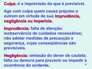 18
Culpa:Culpa: é a imprevisão do que é previsível.
Age com culpa quem causa prejuízo a
outrem em virtude de sua imprudência,imprudência,
negligência ou imperícia.negligência ou imperícia.
Imprudência:Imprudência: falta de atenção;
inobservância de cuidados necessários;
não adotar medidas de precaução e
segurança, cujas conseqüências são
previsíveis.
Negligência:Negligência: omissão do dever de cautela;
falta ou demora para prevenir ou impedir a
ocorrência do acidente.
 