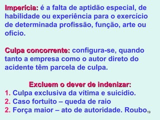 19
Imperícia:Imperícia: é a falta de aptidão especial, de
habilidade ou experiência para o exercício
de determinada profissão, função, arte ou
ofício.
Culpa concorrente:Culpa concorrente: configura-se, quando
tanto a empresa como o autor direto do
acidente têm parcela de culpa.
Excluem o dever de indenizar:Excluem o dever de indenizar:
1. Culpa exclusiva da vítima e suicídio.
2. Caso fortuito – queda de raio
2. Força maior – ato de autoridade. Roubo
 